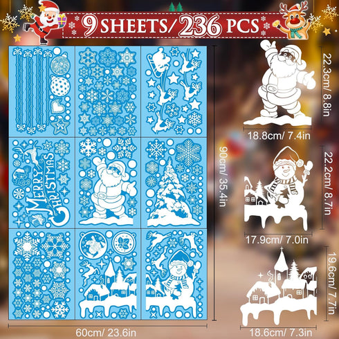 236PCS Christmas Window Clings, 9 Sheets Double-Sided Snowflakes Christmas Window Stickers, Snowman Xmas Decorations Stickers for Glass Window, Re...