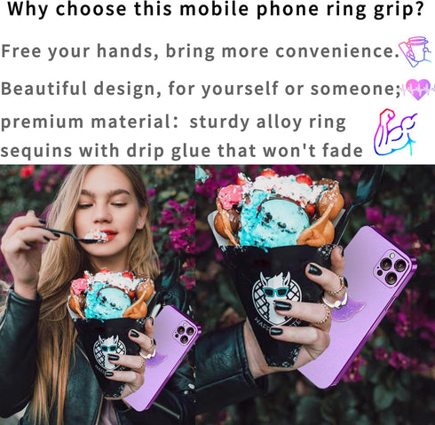 Bling Glitter Phone Grip, Cat Cell Phone Ring Holder Stand Purple for Women Girls, Compatible with Smartphone, Tablet, E-Reader, Etc (PU) (Cat PU)...