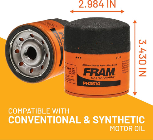 FRAM Extra Guard PH3614 10K Mile Change Automotive Replacement Interval Spin-On Engine Oil Filter for Select Vehicle Model Years, Vehicle Engine P...