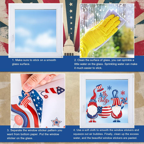 138Pcs Patriotic Window Clings 4th of July Gnome American Flag Firework Window Decals Red Blue Star Stripe Double-Sided Prints PVC Stickers for In...