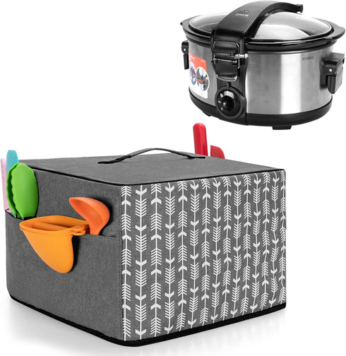 YARWO Slow Cooker Dust Cover Compatible for Hamilton Beach 6-8 qt Slow Cooker and Crock Pot , Dust Cover with Top Handle and Pockets, Gray with Ar...