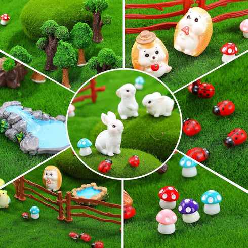 Wooden Pile Spring Garden Miniature Figurines Fairy Village Accessories Mini Animal Sets Micro Landscape Pond Mushroom Bridge Tree Ornament for Sp...