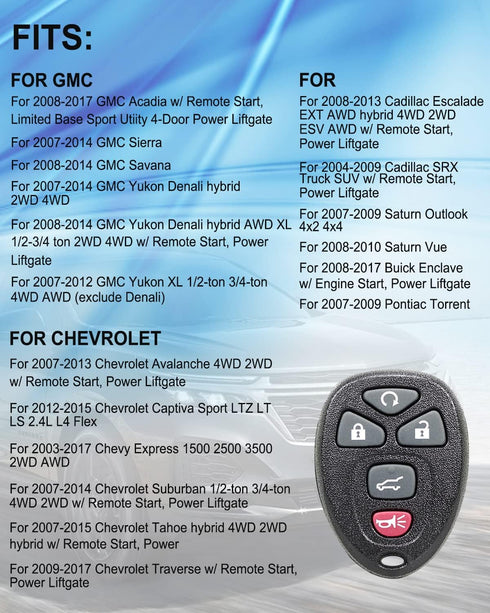 Key Fob for Chevy Traverse: for Chevy Suburban Tahoe,for 2008-2017 Bulck Enclave 2008-2013 Cadillac Escalade 2007-2009 Saturn Outlook,OUC60270 OUC...