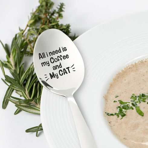 Funny Cat Lover/Coffee Lovers Gift | All I Need is My Coffee & My Cat Engraved Spoon | Cute Coffee Tea Spoon Gift for Men/Women/Friends/Him/Her | ...