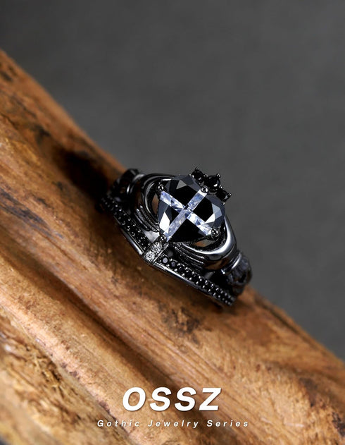Women's Irish Claddagh Ring - 925 Sterling Silver Black Cross Heart Shape Cubic Zirconia 7 Ring Engagement Wedding Love Crown Ring Timeless Classi...