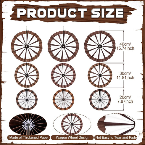 Outus 9 Pcs Wagon Wheel Decorations Paper Fans Wooden Wagon Wheels Wall Decor Western Hanging Paper Fans for Wild West Western Cowboy Themed Class...
