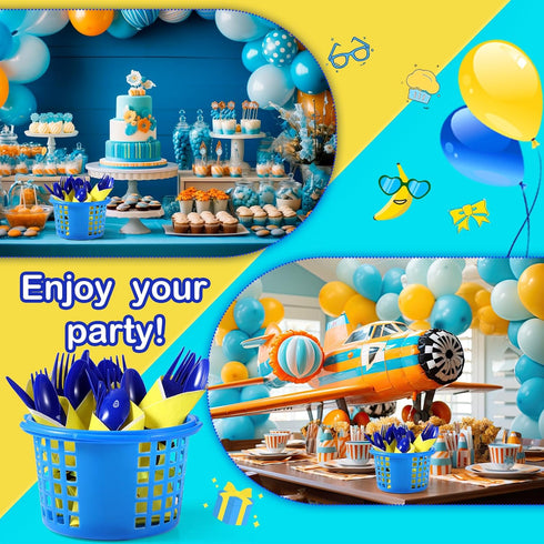 Domensi 24 Set Yellow Cartoon Theme Party Plastic Cutlery Set Include Blue Disposable Plastic Spoons Forks Knives Yellow Paper Napkins Satin Ribbo...