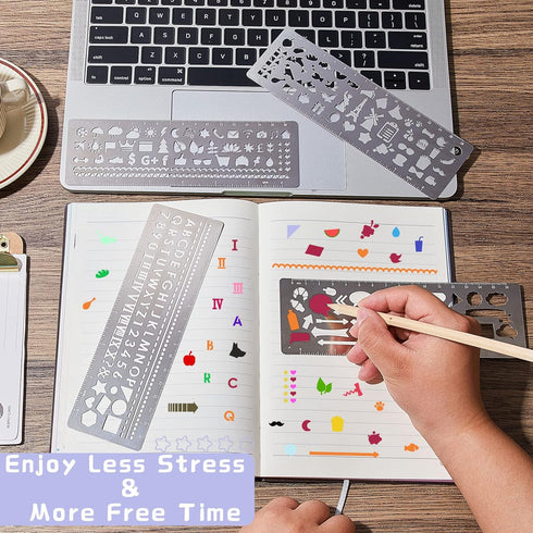 4 Pieces Metal Journal Stencil Metal Planner Stencil Bookmark Ruler Back to School Supplies Stainless Steel Stencils Kit for DIY, Engraving, Paint...