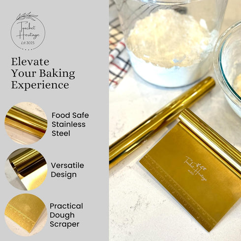 French Rolling Pin and Dough Scraper Set | Gold Bench Scraper Tool | Rolling Pin For Dough | Bread Making Accessories | Metal Bread Dough Cutter |...