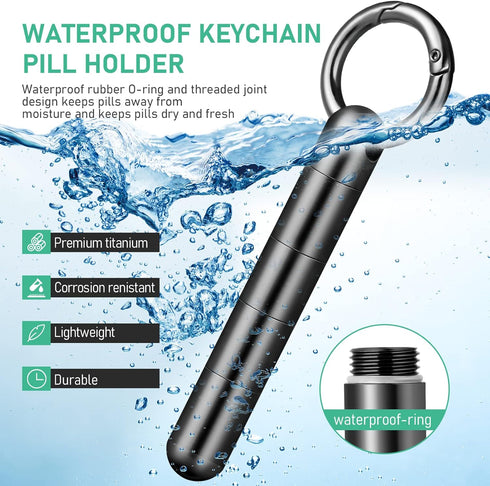 TISUR Keychain Pill Holder,Titanium Pill Case Portable Waterproof Pill Organizer Black Vitamin Container, EDC Pill Box Pill Bottle for Pocket Purs...
