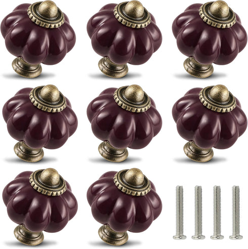 Deep Purple Ceramic Knobs 12 Pack - Pumpkin Cabinet Knobs Retro Dresser Knobs - Vintage Drawer Pulls with Screws for Closet Drawer Cupboard Cabine...