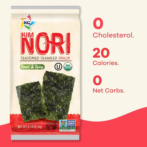 KIMNORI Seasoned Seaweed Snacks Sheets – Organic Sweet 'N Spicy Flavor, 12 Individual Packs, Roasted Crispy Premium 100% Natural Laver Kim Nori, 4...