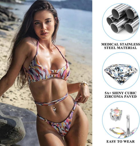 Sanfenly 12PCS Nipple Rings Belly Button Rings for Women 14G 316L Surgical Stainless Steel Curved Navel Barbell Cute Butterfly Flower Belly Pierci...