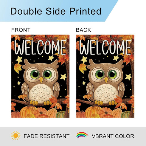 Welcome Fall Owl Garden Flag Autumn Owl Pumpkins Maple Leaves Flag 12×18 Inch Double Sided Vertical Burlap Farmhouse Yard Flag Thanksgiving Holida...