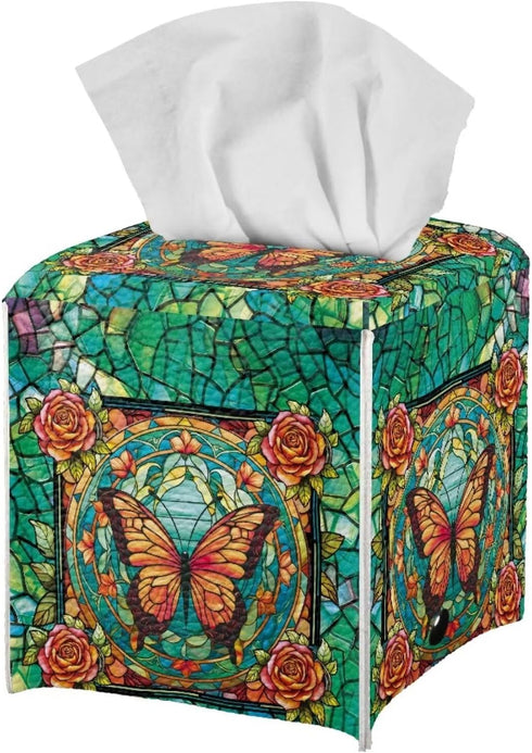 Butterfly Rose Print Tissue Case Cover Square, Waterproof Tissue Box Cover for Home Office, Foldable Kleenex Tissues Cube Boxes with Bottom Belt, ...