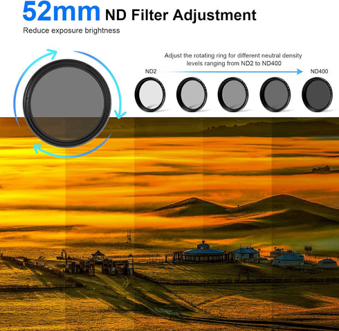 PULUZ 52mm UV?ND2-400 Lens Filter Adjustable Neutral Density Filter for GoPro Hero11 / Hero11 Black Mini / HERO10 / HERO9 with Adapter Ring and Le...