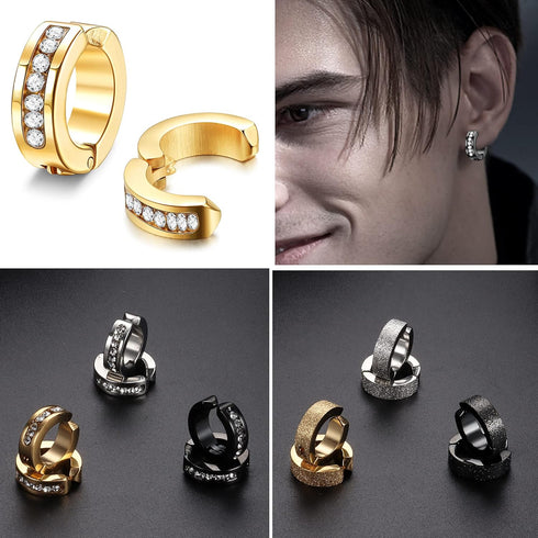 FIBO STEEL 9 Pairs Non-Piercing Earrings Stainless Steel Clip On Hoop Earrings For Men Women Paved CZ Ear Clip...