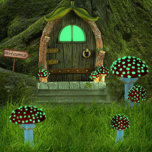 Fairy Door and Mushrooms for Garden, Glow in The Dark Fairy Garden Decor Accessories, Fairy Wild Garden Accessories Resin Miniature Garden Accesso...