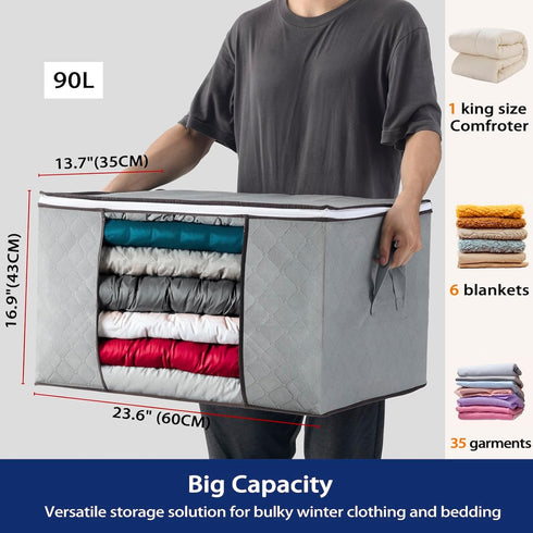 Linen Storage Organizer, 2 Pack Large 90L Foldable Storage Bags Bedding Storage Containers with Zipper Lids, Closet Collapsible Clothing Bins for ...