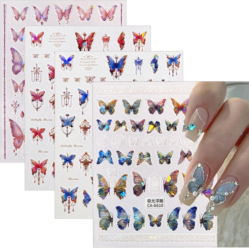 Butterfly Nail Art Stickers Decals Butterfly Nail Decals 3D Self Adhesive Nail Stickers Aurora Spring Red Pink Blue Designs Nail Art Supplies for ...