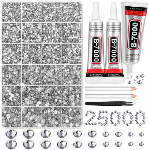 Cludoo 25000Pcs Silver Clear Rhinestones with b7000 Rhinestones Glue for Crafts, Flatback Gems Crystal Rhinestones Kit with Tweezer Picker Pens fo...