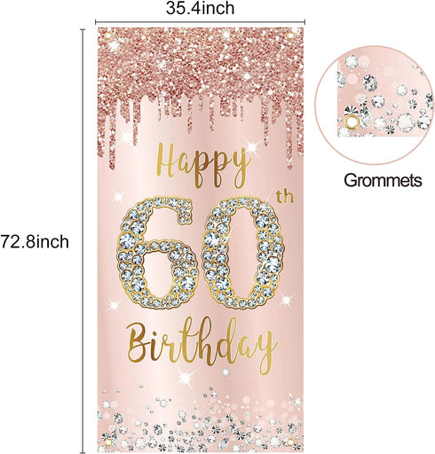 60th Birthday Door Banner Decorations for Women, Pink Rose Gold Happy 60th Birthday Door Cover Backdrop Party Supplies, Large Sixty Year Old Birth...