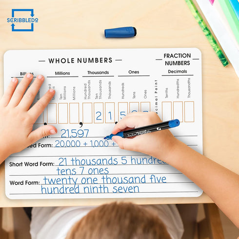 SCRIBBLEDO Place Value Board 9" x 12" Double Sided Dry Erase Boards for Kids for Teaching Place Values from Billions to Decimal Numbers Math Manip...