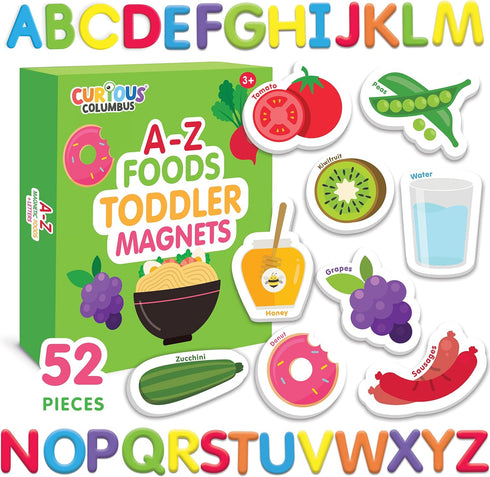Curious Columbus Toddler Magnets – Set of 52 Fridge Magnets for Kids – Includes 26 Large Foam Food Pieces and 26 ABC Alphabet Letters for Learning...
