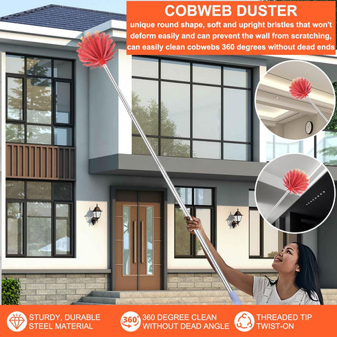Cobweb Duster with Extension Pole, 59" Adjustable Stainless Steel Pole, Washable Duster with Medium-Stiff Bristles for Ceiling Fan, High Ceilings,...