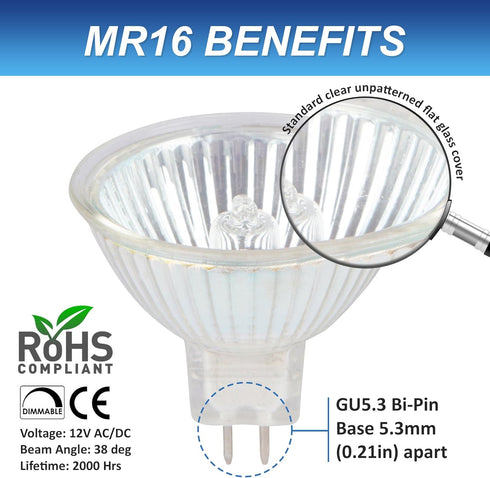 Simba Lighting Halogen MR16 20W 12V Light Bulbs (10 Pack) for Landscape, Track Lights, Fiber Optics, Desk Lamps, BAB C Spotlights with Glass Cover...