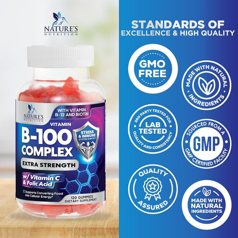 Super B Complex Gummies with Vitamin C & Folic Acid, Extra Strength Vitamin B Gummy Supplement with Niacin, B6, Folic Acid, B12, Biotin, Nature's ...
