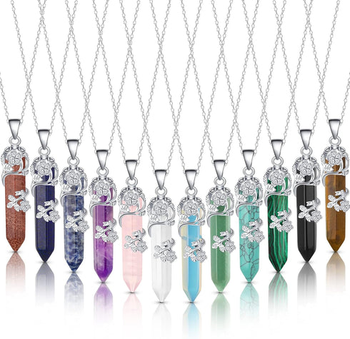 12 Pcs Healing Crystal Necklace Hexagonal Healing Crystal Flower Wrapped Crystal Point Pendant Necklace Healing Pendents Natural Quartz Point Neck...
