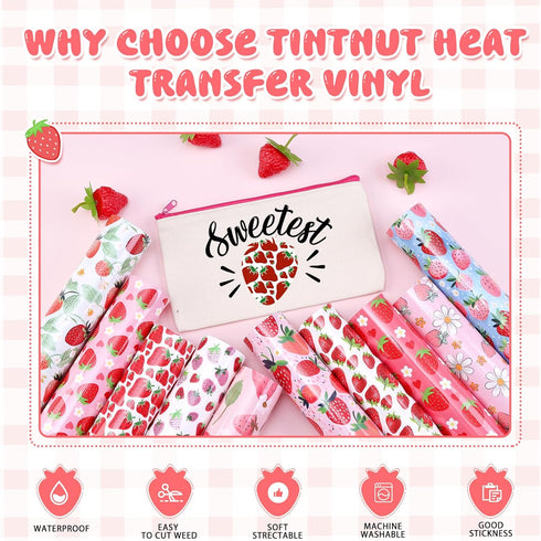 Tintnut Strawberry HTV Heat Transfer Vinyl - 10 Sheets 12 x 10 Inches Patterned HTV Vinyl for T-Shirts Red and Green HTV Iron on Vinyl for Fabrics...