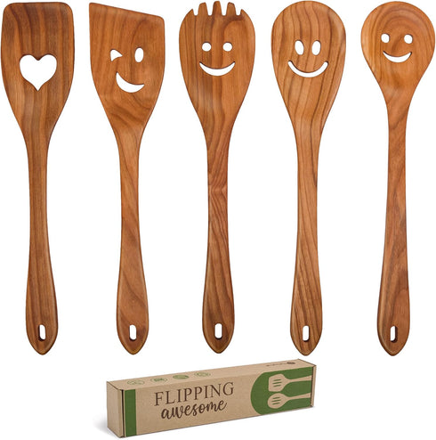 MFC 5-Piece Wooden Cooking Spoons - Kitchen Spatula Set from Natural Cherry Wood - Wooden Spoons for Cooking - Funny Utensil Set with Smiley Faces...