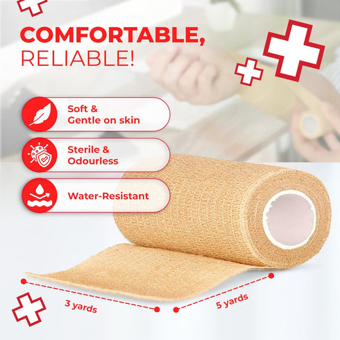 Ever Ready First Aid Self Adherent Cohesive Bandages 3" x 5 Yards - 12 Count, Tan...
