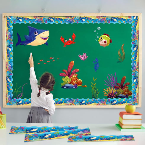 60 Ft Under The Sea Bulletin Board Borders 60 pcs, Ocean Themed Straight Bulletin Boards Trim With Glue Point Dots For Classroom School Chalkboard...
