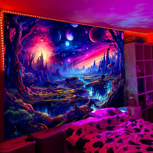 Simpkeely Fantasy Planet Tapestry, Blacklight Forest Natural Landscape Retro Aesthetic Wall Hanging, UV Reactive Sunset Trees Tapestries for Bedro...