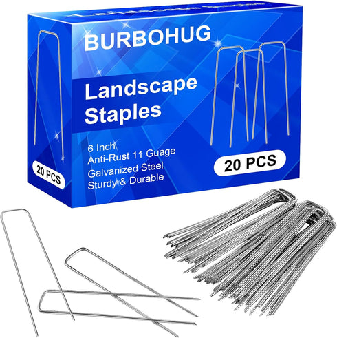 Landscape Staples 6 Inch 11 Gauge, 20 Pack Garden Staples Galvanized Ground Stakes Anti-Rust Landscape Fabric Staples Garden Stakes for Irrigation...