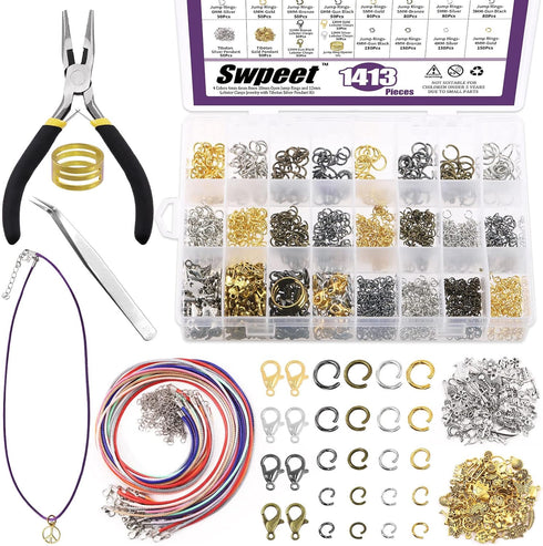 Swpeet 1414Pcs 4mm 5mm 6mm 8mm 10mm Open Jump Rings and Lobster Clasps with Jewelry Repair Tools Assortment Kit, Including Waxed Necklace Cords, 1...