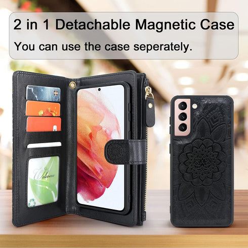 Harryshell Detachable Magnetic Zipper Wallet Leather Case Cash Pocket with 12 Card Slots Holder Wrist Strap for Samsung Galaxy S21 5G 6.2 Inch SM-...