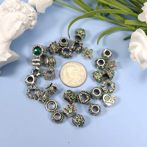 TOAOB 30pcs Green Large Hole European Beads Antique Silver Metal Rhinestone Rondelle Spacer Charms Beads Assortments for Bracelets Necklaces Jewel...