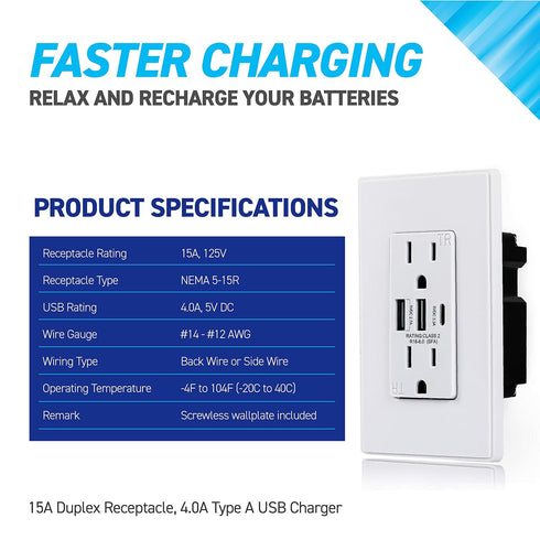 Coby USB Wall Outlet Dual High Speed 6.0 Amp USB Ports with Smart Chip, USB Type C Port, 15A Duplex Tamper Resistant Receptacle Electrical Outlet,...