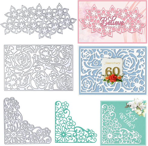 3 Pcs Flower Background Metal Cutting Dies Including Flower Strip, Rose Frame and Flower Corner Die Cuts Embossing Stencils Template for DIY Scrap...