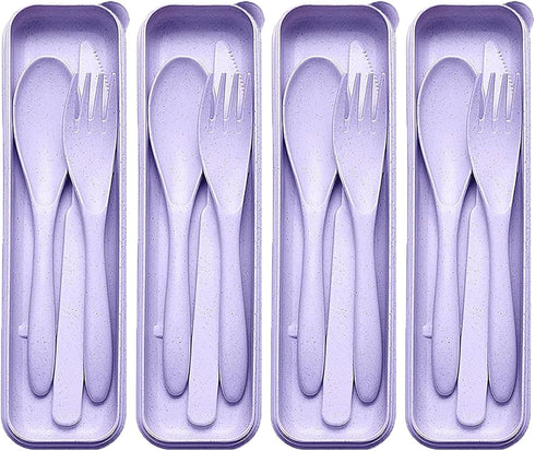 Reusable Travel Utensils Set with Case, 4 Sets Wheat Straw Portable Plastic Fork Spoons Knife Camping Cutlery, Eco-Friendly BPA Free Lunch Tablewa...