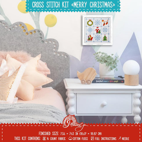 Povitrulya Counted Cross Stitch Kit 'Merry Christmas' - Easy-to-do Embroidery Sampler Set for The Christmas and New Year Holidays, Encouragement, ...