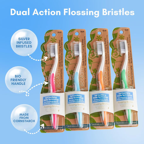 Compostable Toothbushes, Dual Action Flossing Bristles, Silver Infused Soft Bristle Toothbrush, Natural Toothbrushes for Adults, Multi Color, 4-Pa...