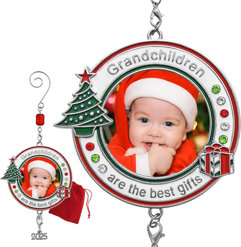 Grandchildren Photo Christmas Ornament - Dated 2025 Charm - Red White and Green Enameled and Jeweled Accents - Grandkids Picture Xmas Ornaments fo...