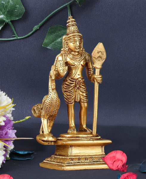 God Murugan Swami Miniature Brass Statue with Peacock, Handcrafted Decor Item for Home, Temple, Gifting & Car, 2.25 x 3 x 4.3 Inches...