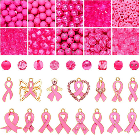 570PCS Breast Cancer Awareness Beads Charms for Jewelry Making, Pink Ribbon Charms Clay Beads Acrylic Crystal Pink Beads for Bracelet Necklace Ear...