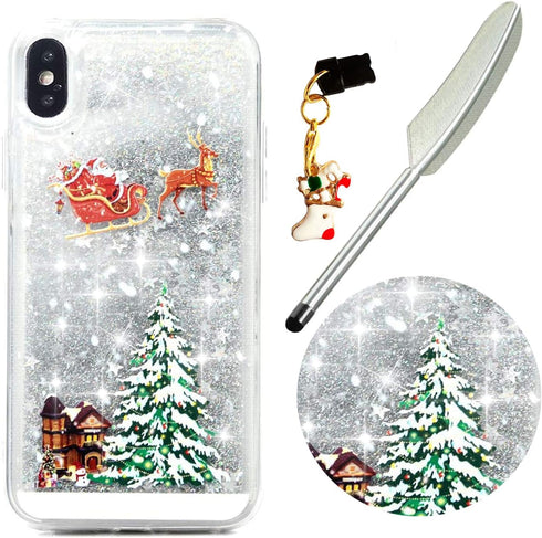 for iPhone X Case iPhone Xs Christmas Phone Case Glitter Sparkle Liquid Floating Case Shockproof Clear Soft TPU Bumper Case Xmas Santa Claus Silic...